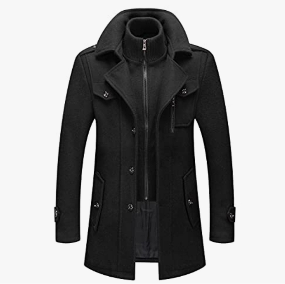 PRIJOUHE Men's Wool Blend Pea Coat Single Breasted Slim Fit with Removable Scarf